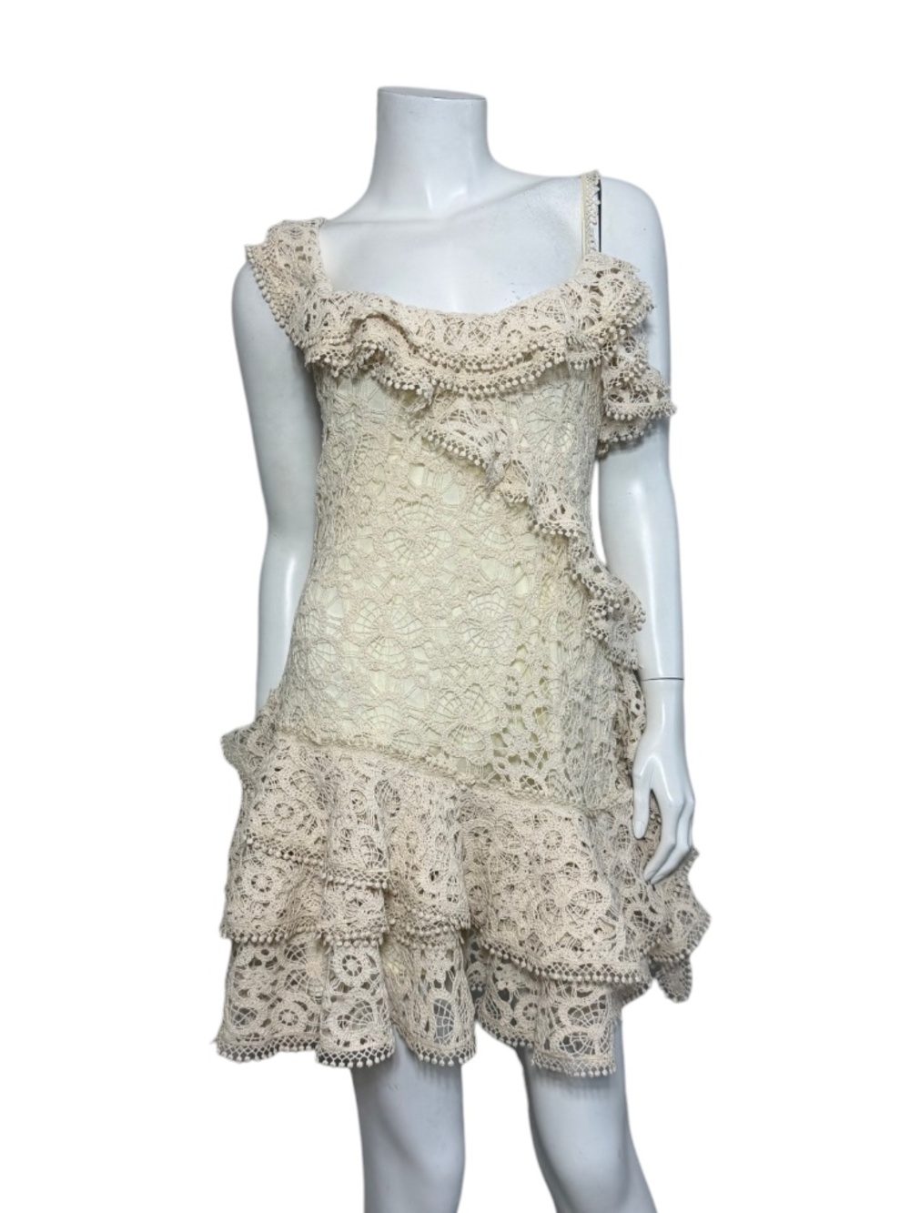 SIEDRÉS Ecru Mimika Handcrafted Crochet Lace Asymmetric Ruffle Dress Size 40 NWT